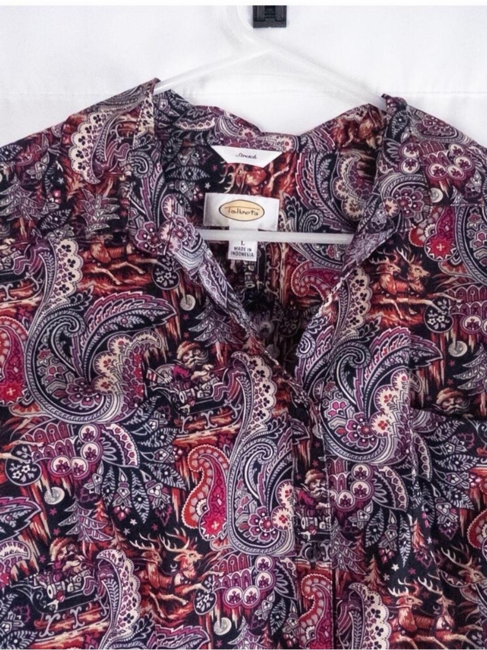 Talbots Santa Claus Paisley Button Red Shirt Womens Large
